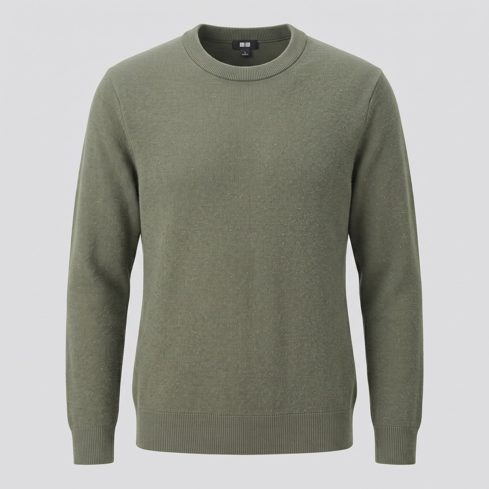 Uniqlo Mens Large Olive Green Sweater Crew Neck Cotton Blend Casual
